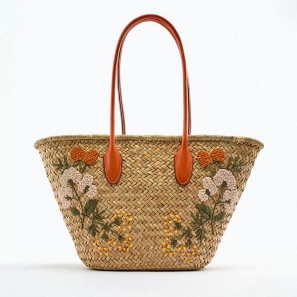 NWT ZARA Large Woven Wicker Basket Tote Bag w/ Embroidery